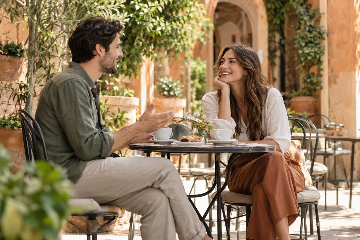 Two friends talking at an outdoor cafe