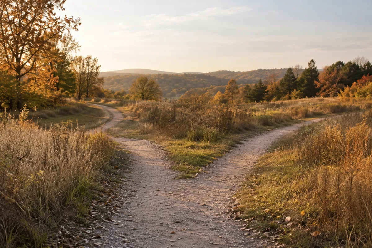 Two walking paths diverge through an autumn meadow.
