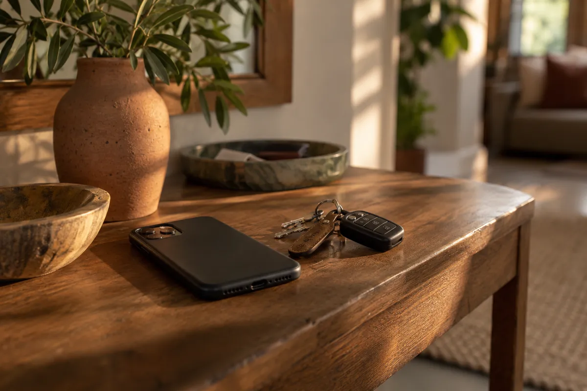 A mobile phone and car keys rest on an entry table.