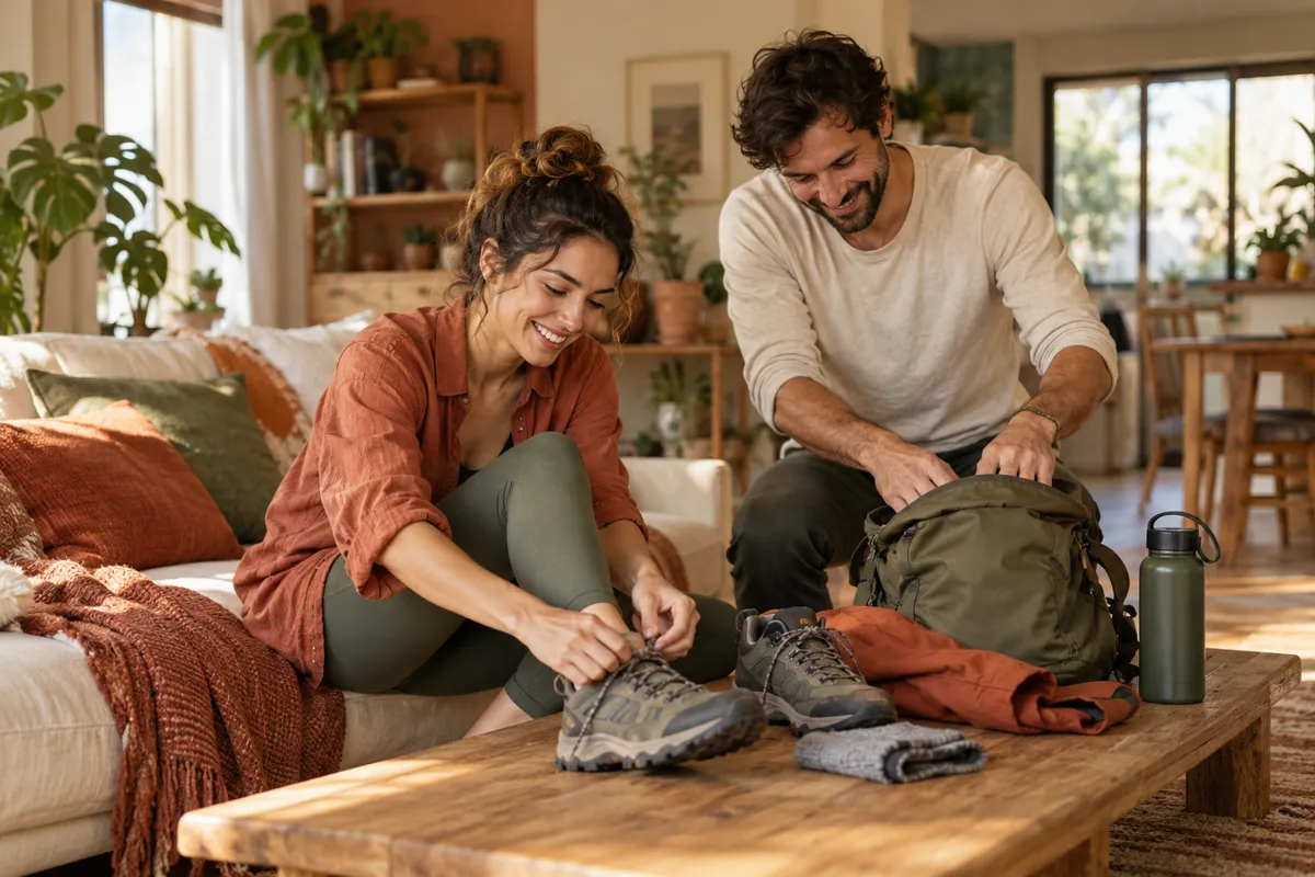 Couple preparing hiking shoes and a backpack