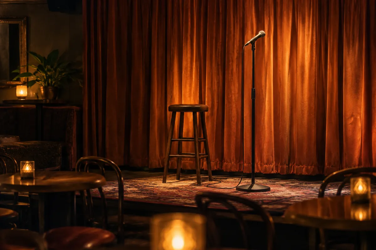 A microphone and stool stand on an empty amber-lit stage.