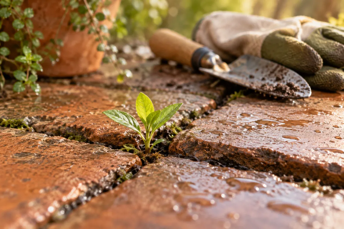 A small green shoot emerging between weathered terracotta paving stones after rain, a pair of ordinary gardening gloves and hand trowel softly beyond, renewing motivation metaphor, ground-level macro
