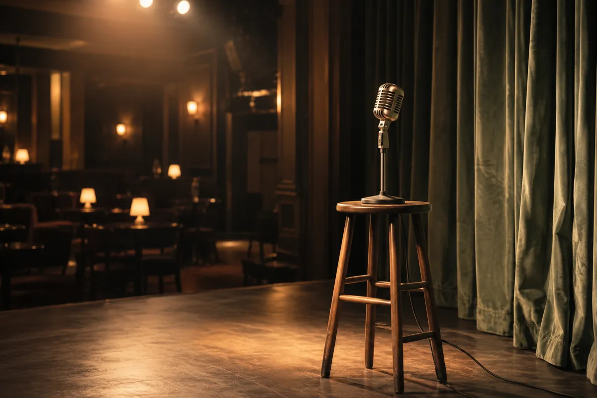 Vintage microphone beside theater curtains