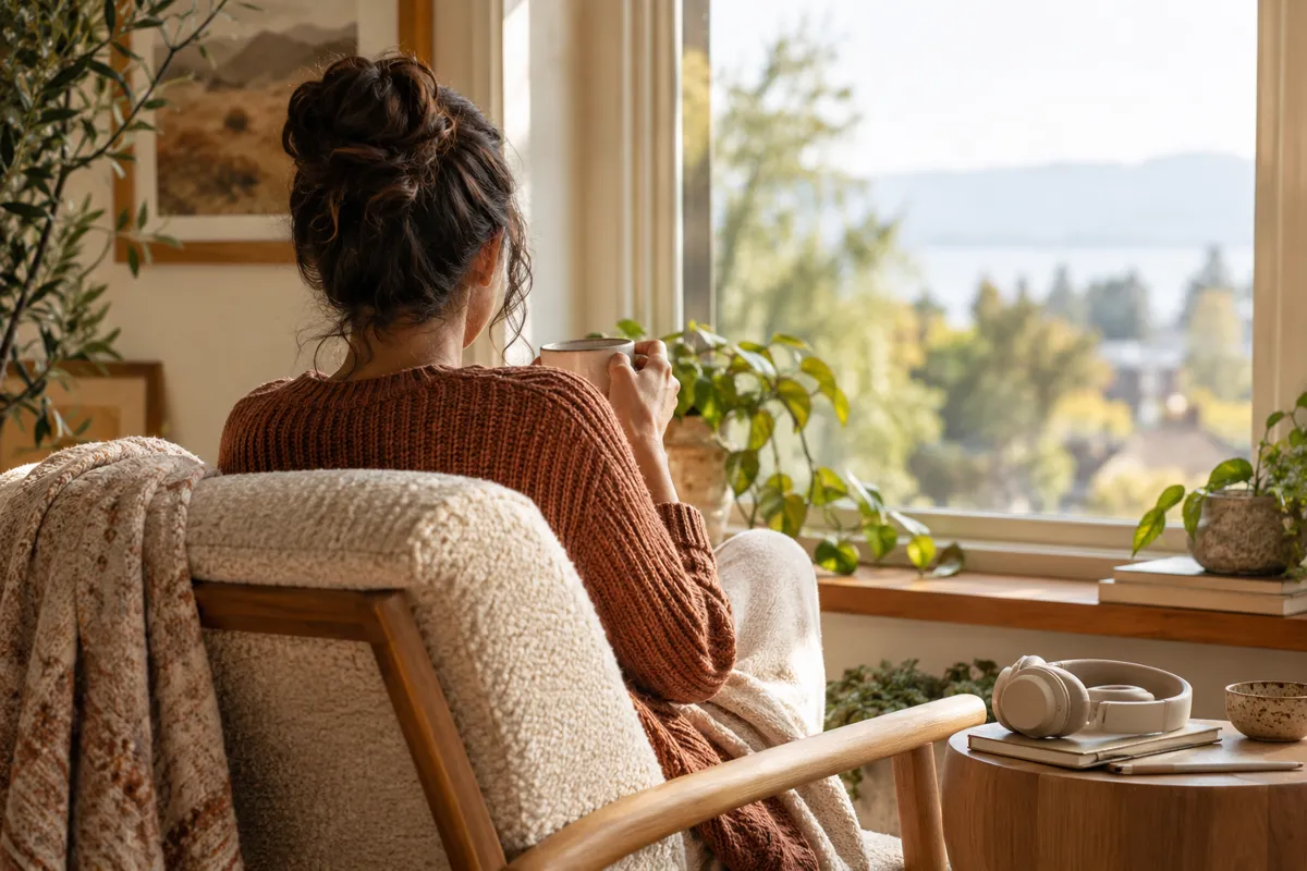 A person seen from behind sitting peacefully beside a bright window with headphones resting unused nearby, attentive mental health support context, no fractured faces or surreal effects, dignified ordinary life