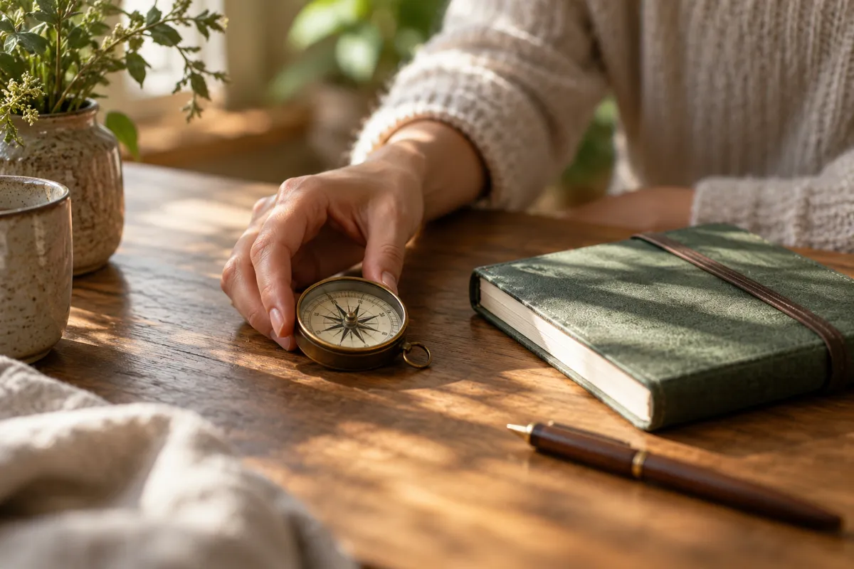 Hand placing a compass beside a journal