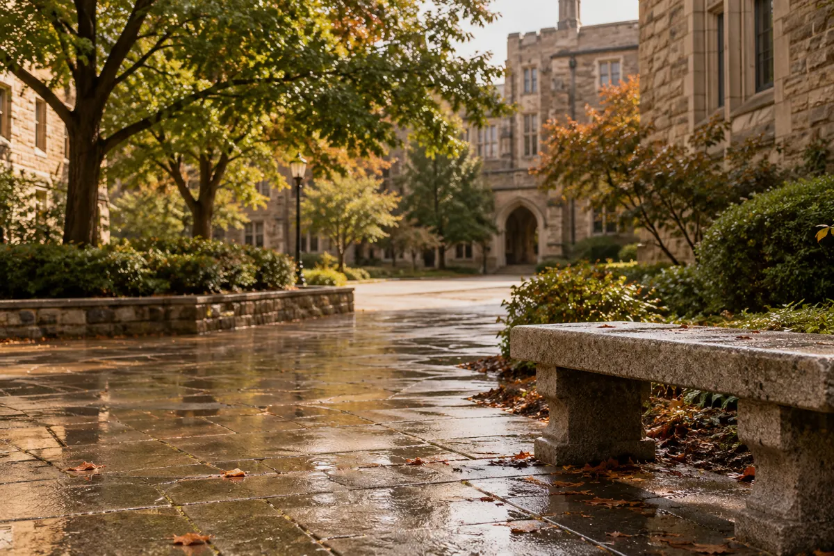 A quiet university courtyard and stone bench after rain.