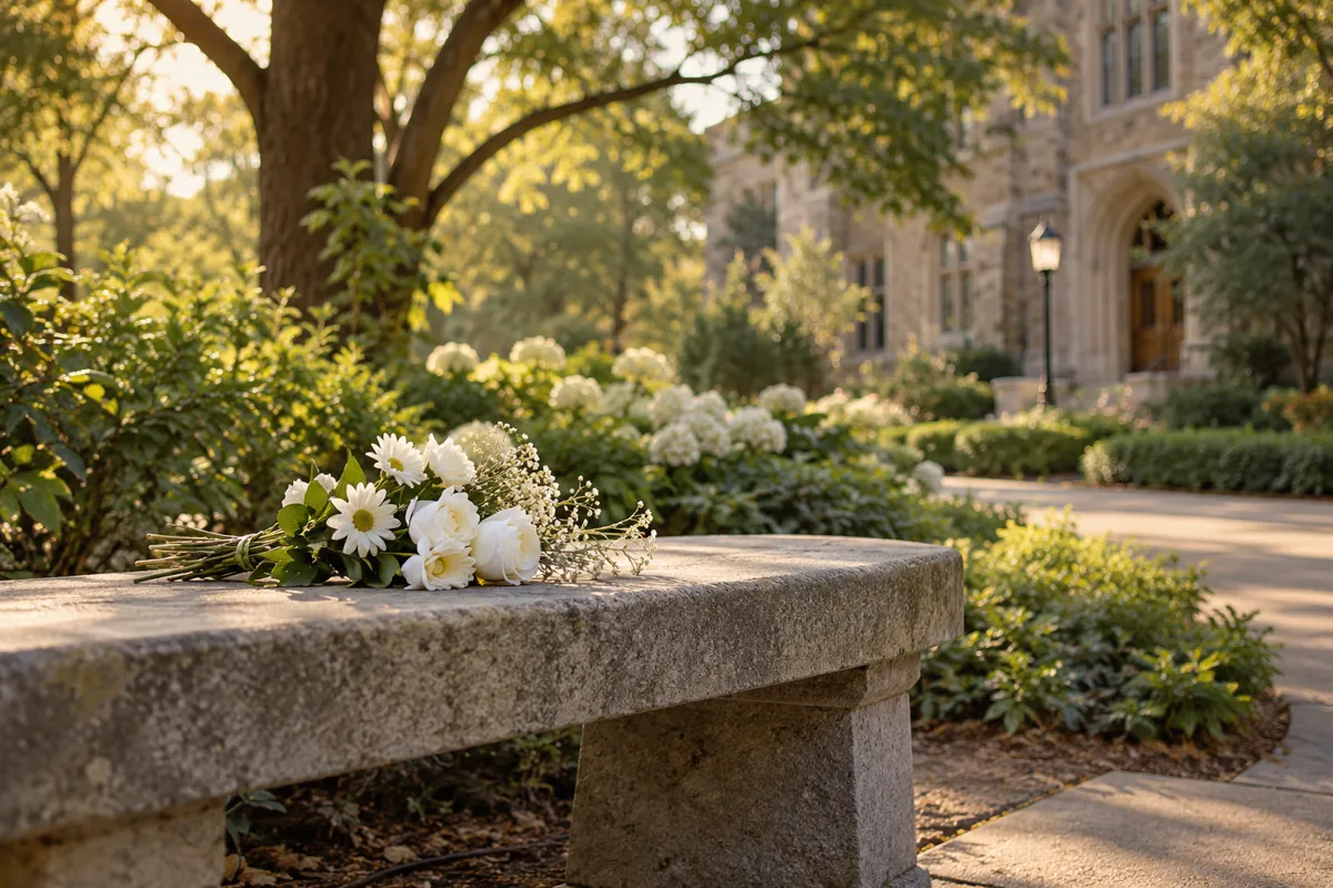 White flowers resting on a stone bench in a campus garden