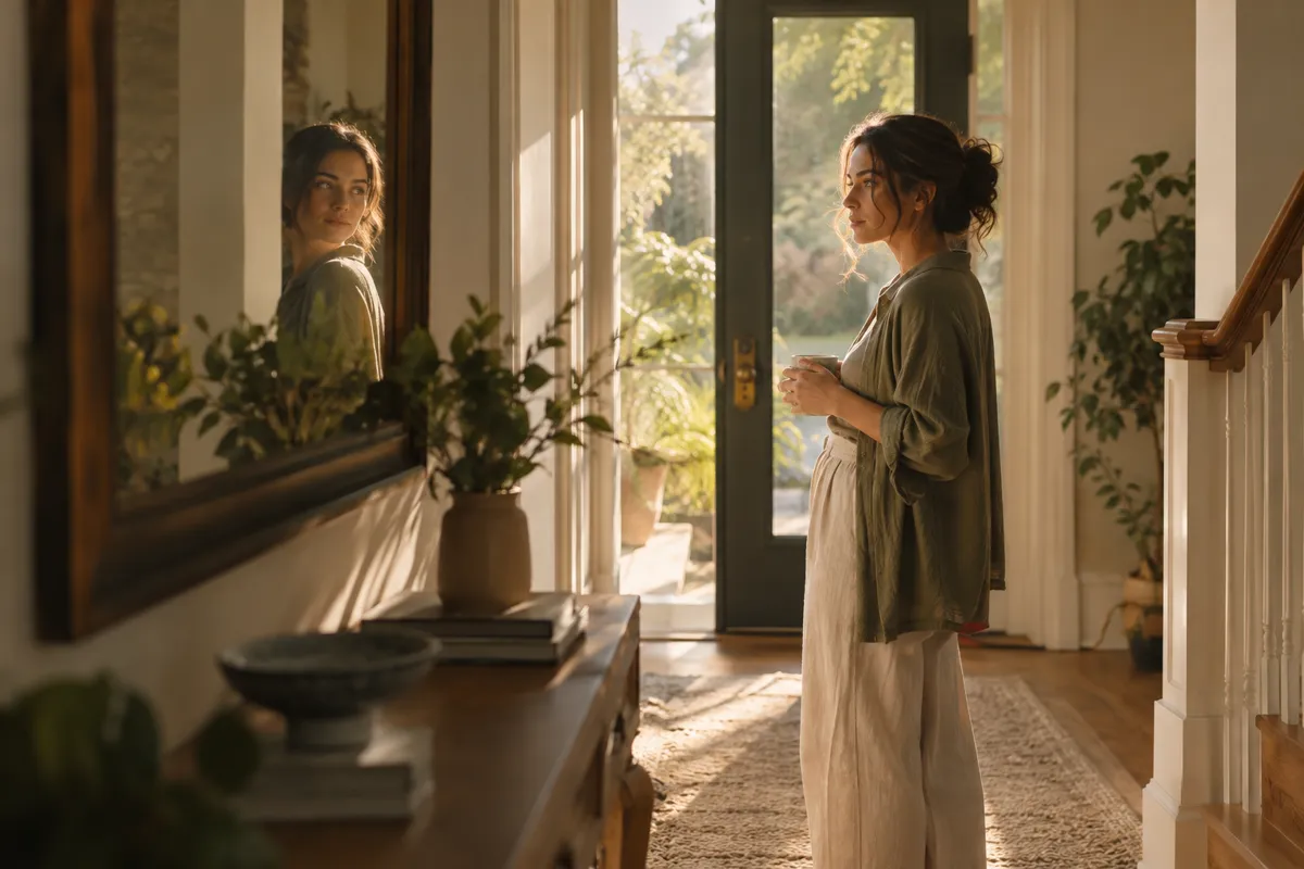 Person reflected in a mirror beside a sunlit doorway