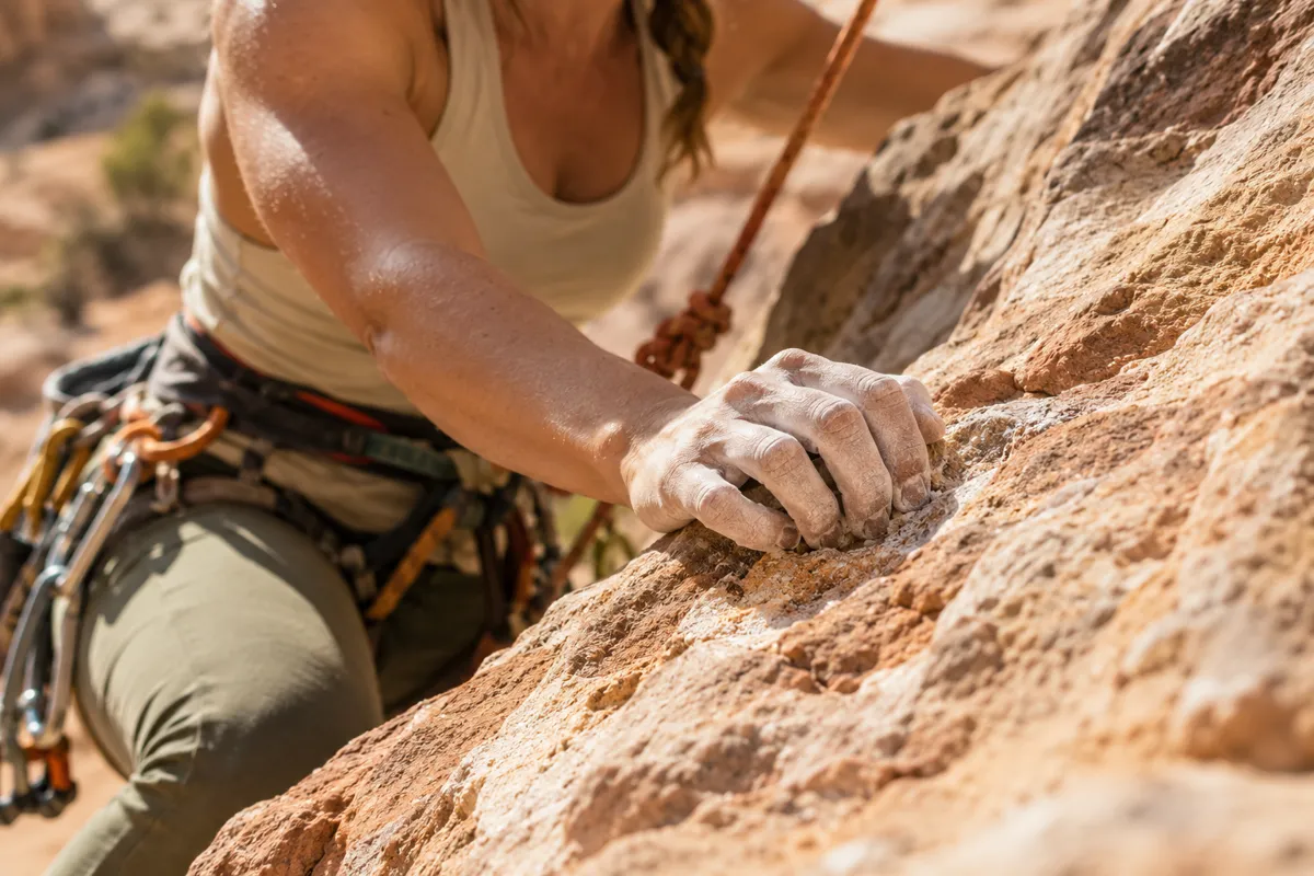 A climber's chalked hand gripping textured sunlit rock with safety rope and harness visibly securing them, close detail of grounded careful movement, warm sandstone, no perilous cliff framing