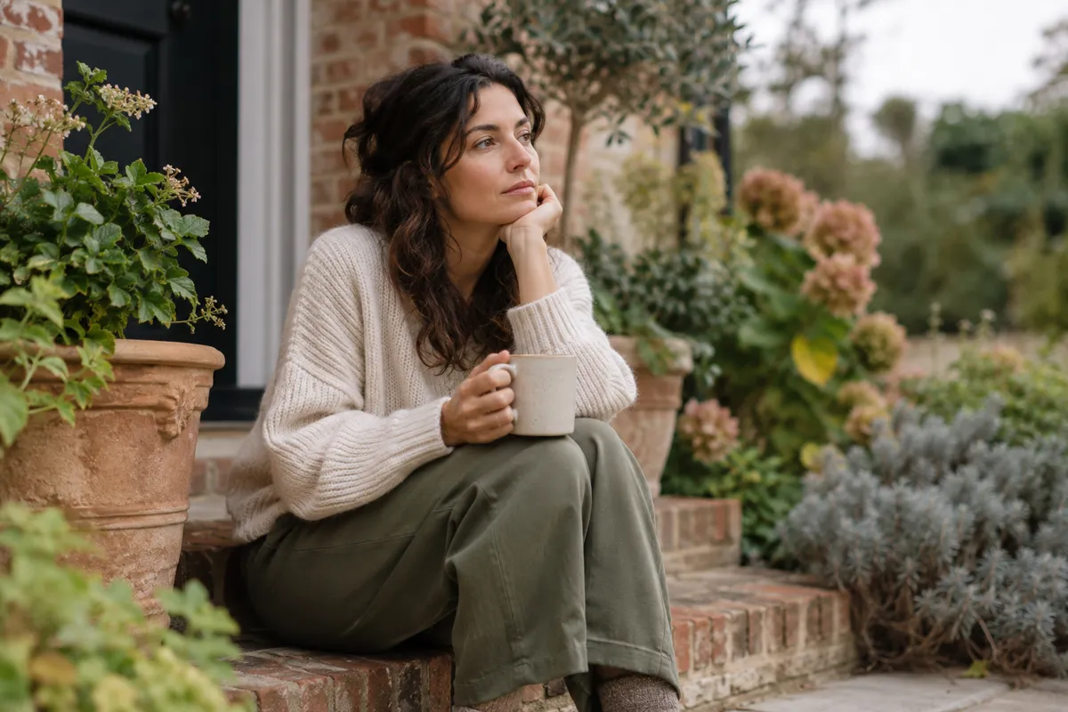 Person sitting thoughtfully on a garden step