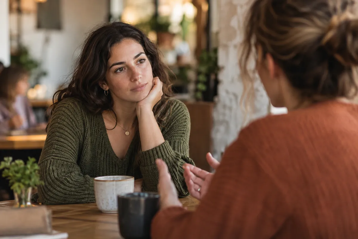Two adults share a thoughtful conversation in a cafe.