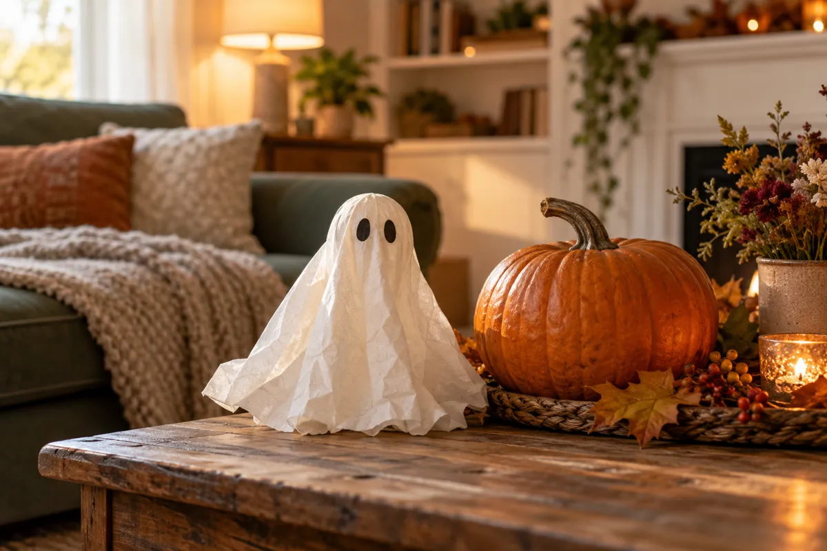 Paper ghost and pumpkin decorating a living room