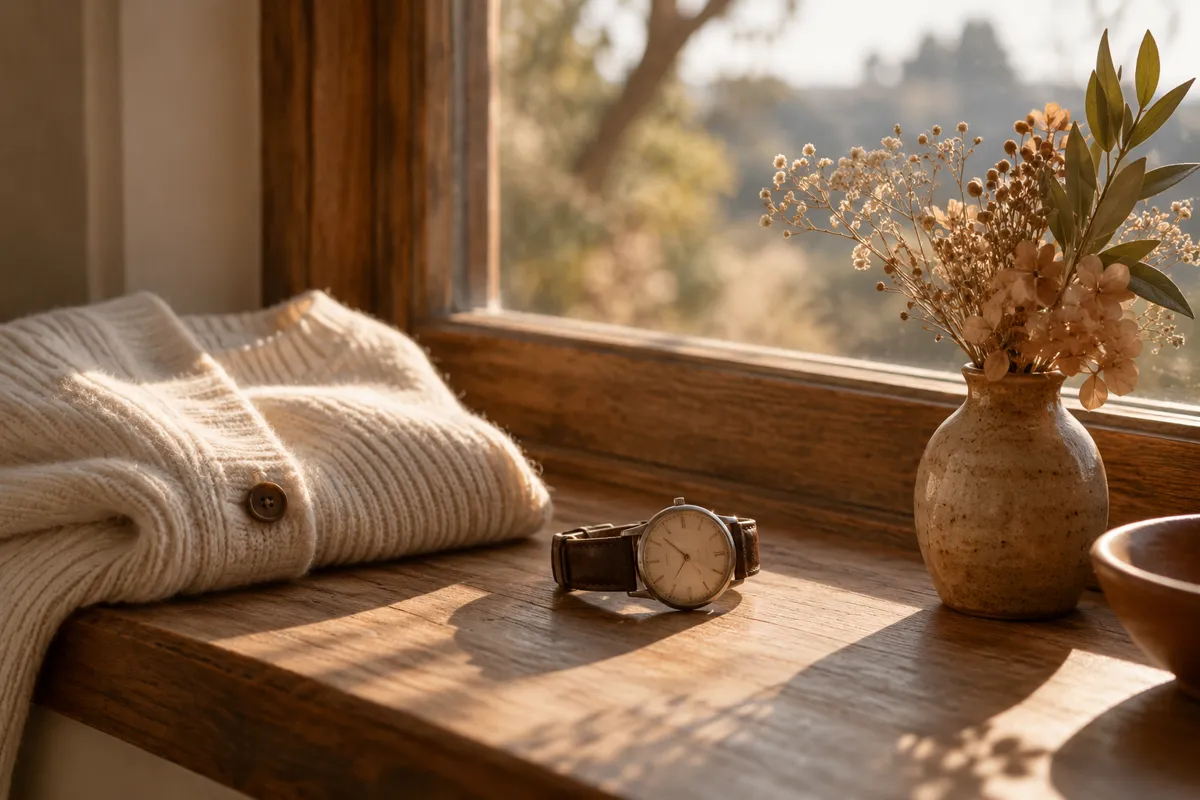 An old unmarked wristwatch and folded cream cardigan beside a small vase of dried flowers on a wooden windowsill, long soft morning shadows, dignified still life about remembering a father, no identifiable photograph