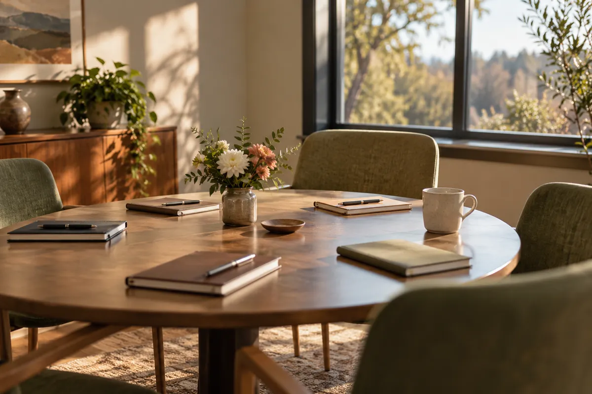 Flowers and closed notebooks on a quiet meeting table