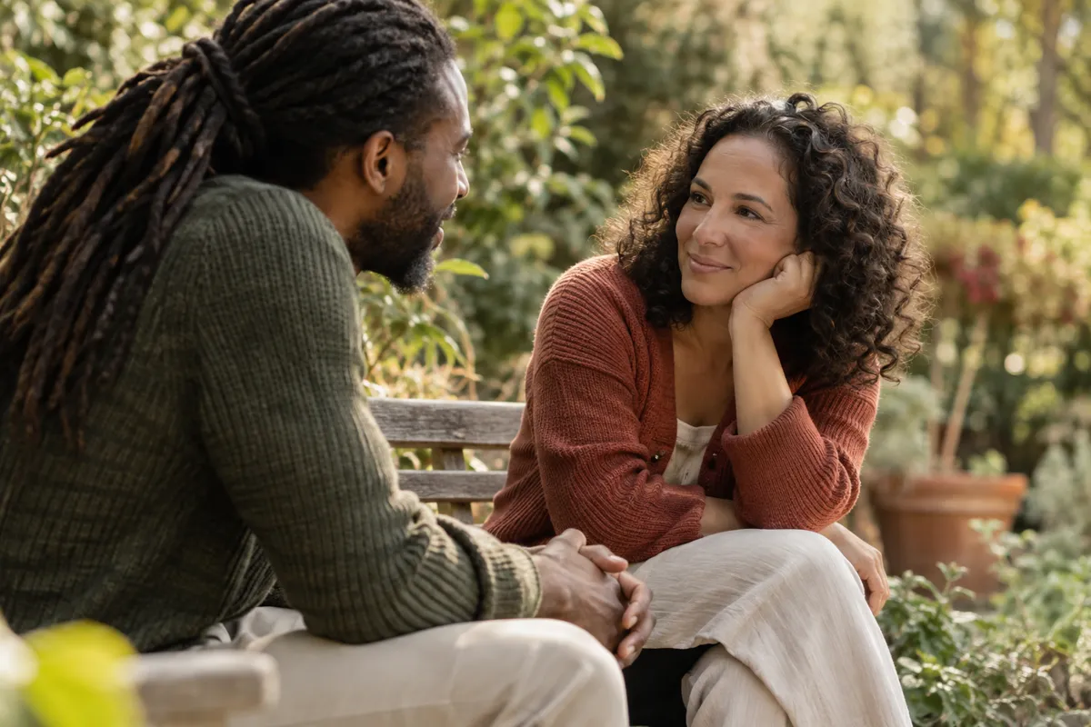 Two adults listen attentively to each other on a garden bench.