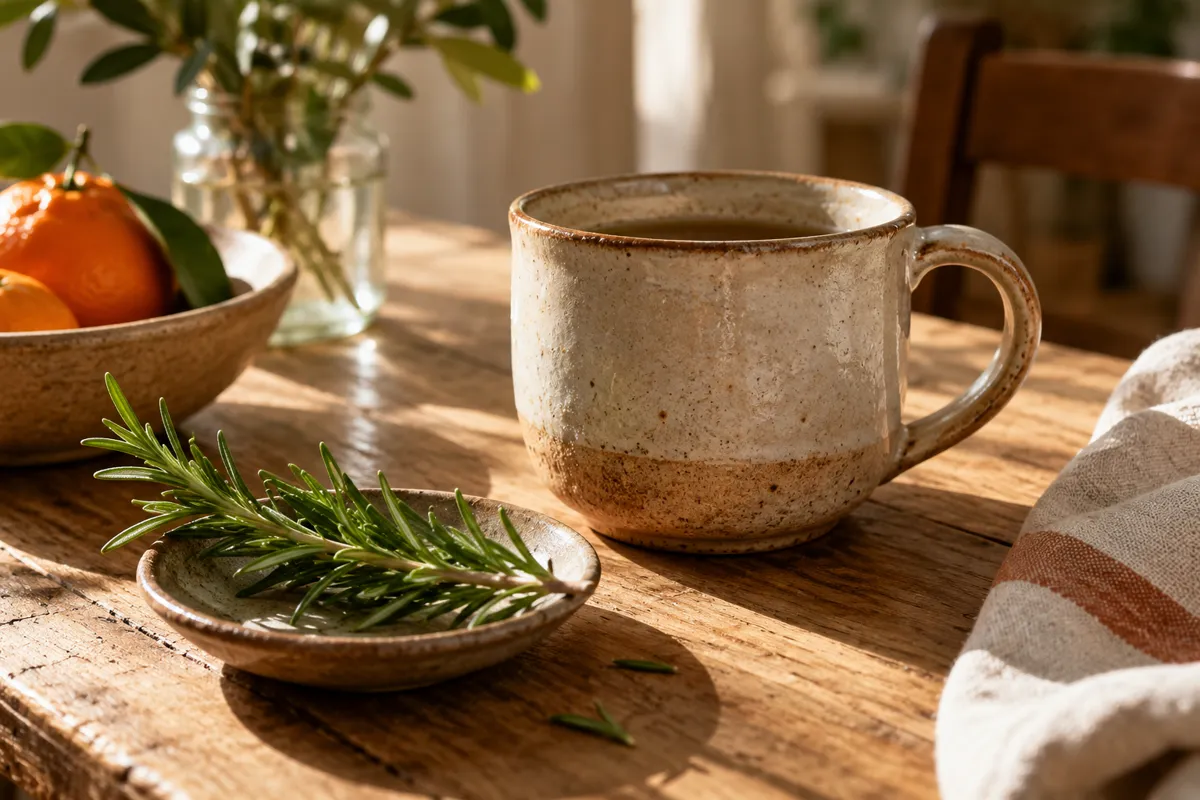 A well-used pottery mug beside a fresh sprig of rosemary on a familiar breakfast table, warm daily routine, delicate textures inviting renewed attention to ordinary things, tight still life
