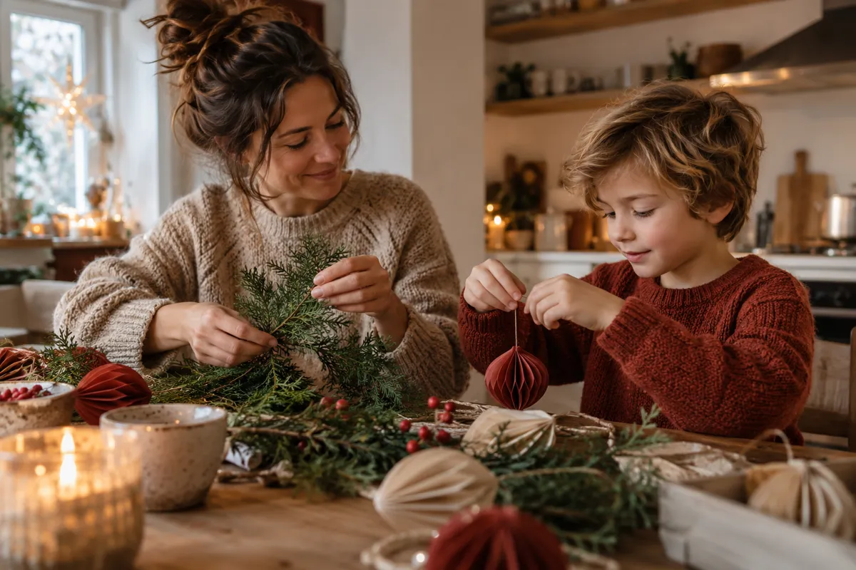 A parent and child make holiday decorations together.