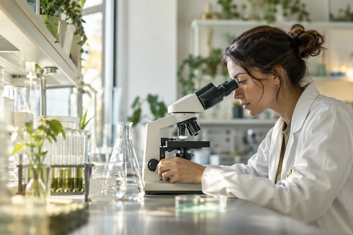 Researcher using a microscope in a laboratory