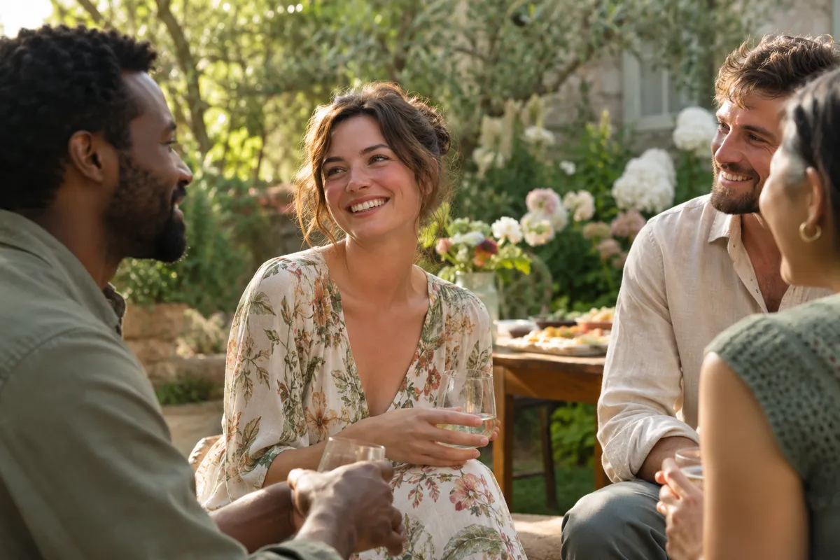 Friends sharing a relaxed conversation in a garden