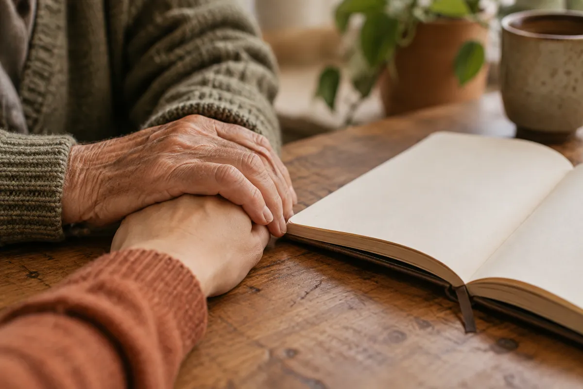 An older hand holds a younger hand beside an open book.
