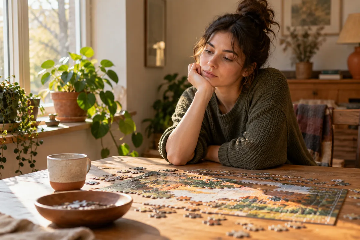 A woman pauses over a partly completed jigsaw puzzle.
