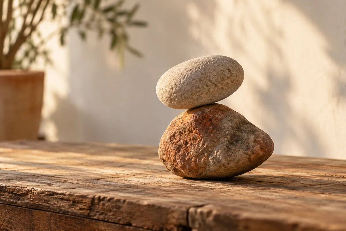 A pair of differently shaped stones carefully balanced on an old wooden table, warm sunlight and subtle asymmetry, conceptual photograph on fairness and conflict, minimalist grounded still life