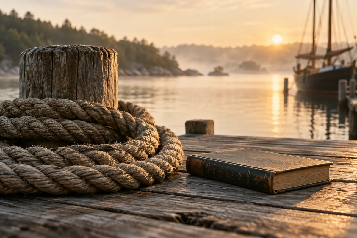 Coiled rope and an old book on a quiet harbor pier