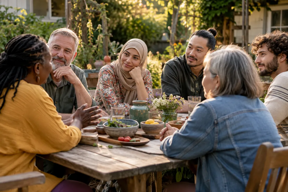 Neighbors listening to one another around a garden table