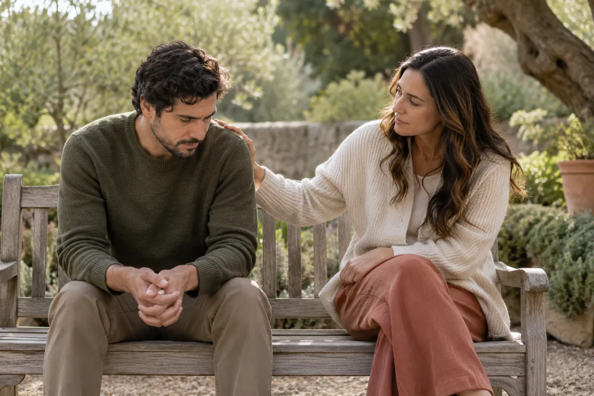 Two adults quietly sitting together on a garden bench with space between them, one offering a reassuring hand on the other's shoulder, natural subdued mood, respectful support during depression