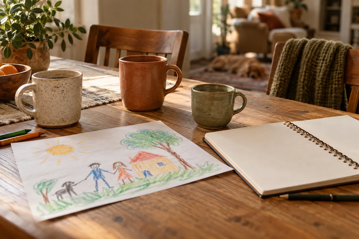 Three cups and a child's drawing rest on a family table.