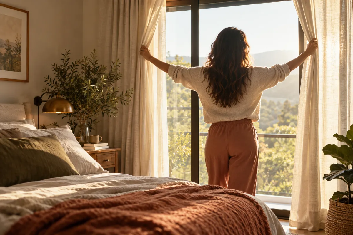 A woman opens bedroom curtains to morning light.