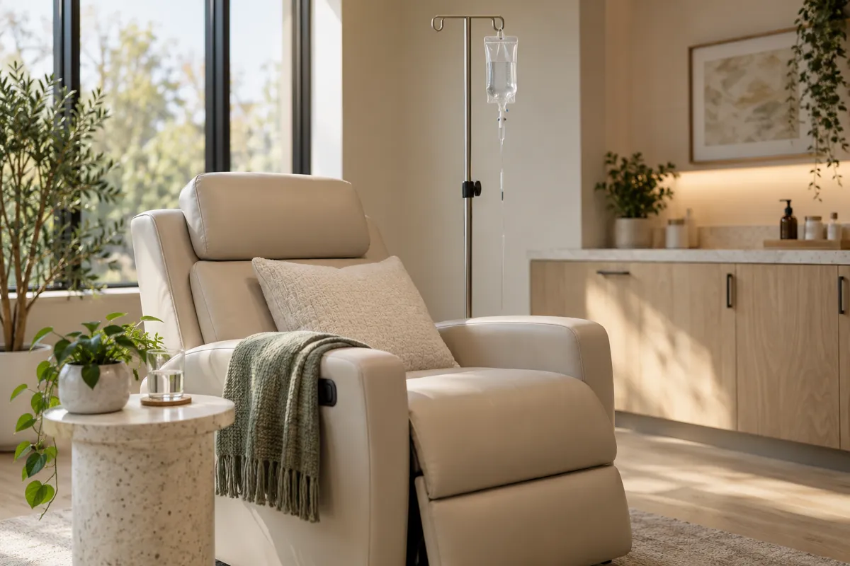 Empty treatment chair beside an unused IV stand