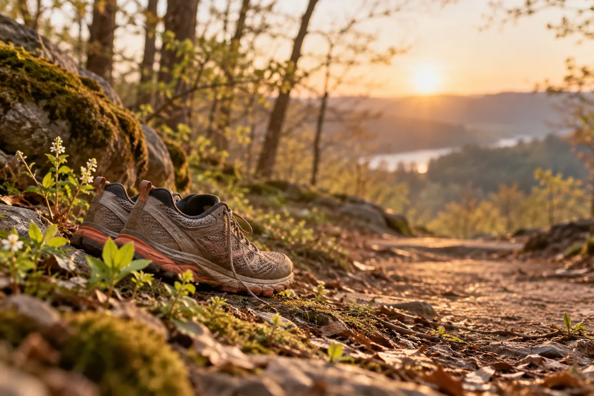 Running shoes rest beside a woodland path at dawn.