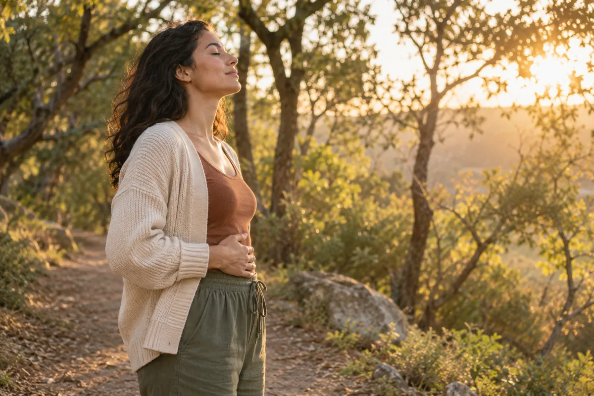 A person standing on a wooded path breathing calmly with one hand lightly resting on their abdomen, sunrise through leaves, full torso side view, emotional regulation and stress relief without dramatic acting