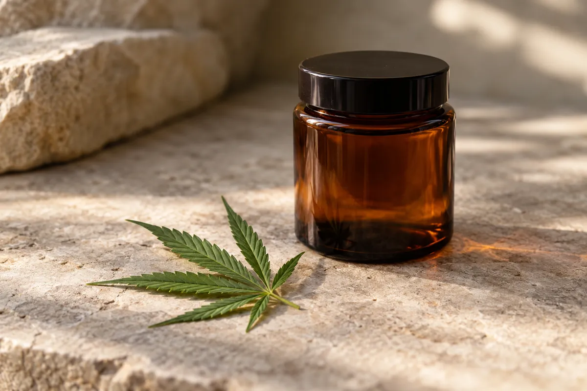 Amber jar and cannabis leaf on a stone surface