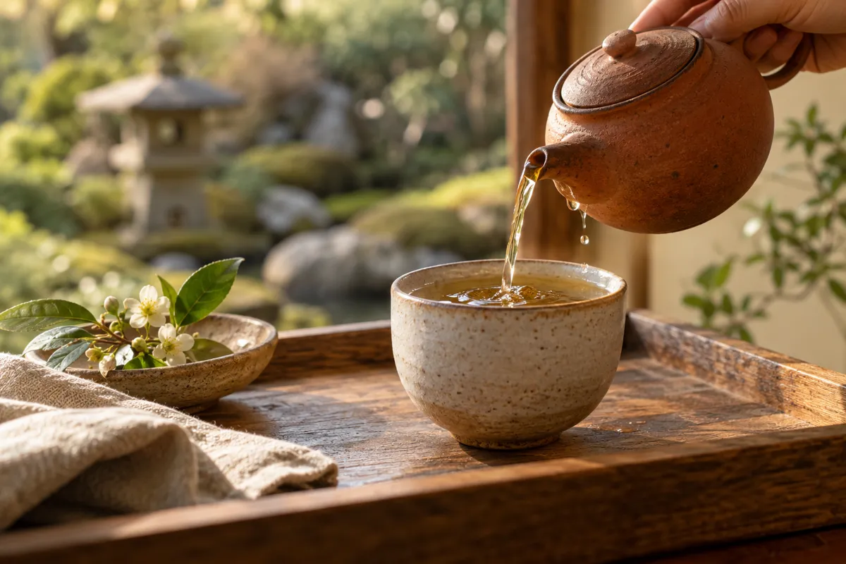 Warm tea being poured from a small handmade terracotta pot into a nearly full ceramic cup on a rustic wooden tray, a few droplets at the rim, quiet Japanese-inspired garden blurred beyond, philosophical still life