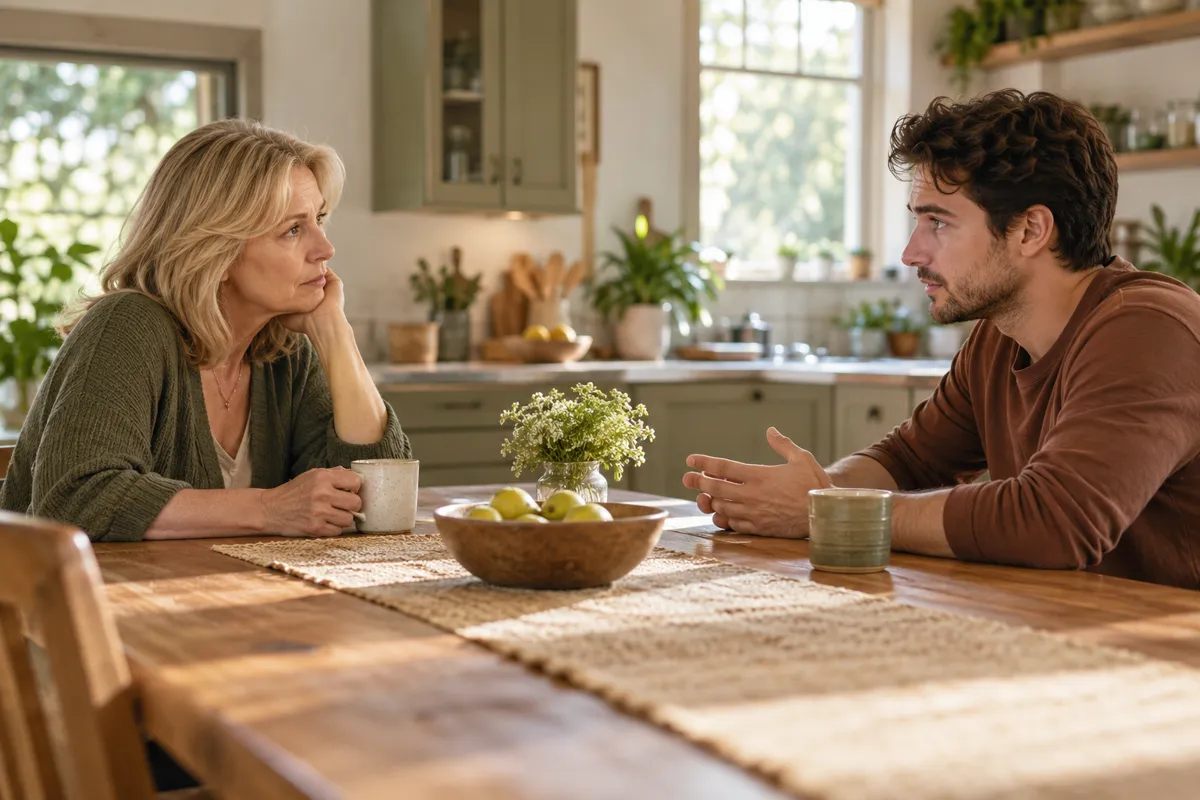 Adult mother and son talking across a kitchen table