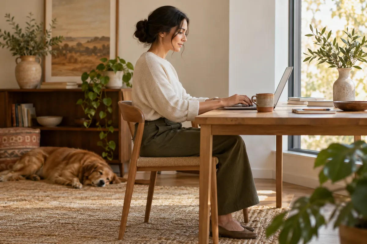 An adult seated naturally upright at a simple oak desk beside a window, relaxed shoulders, feet grounded, laptop at sensible height, side-view candid photograph illustrating comfortable posture