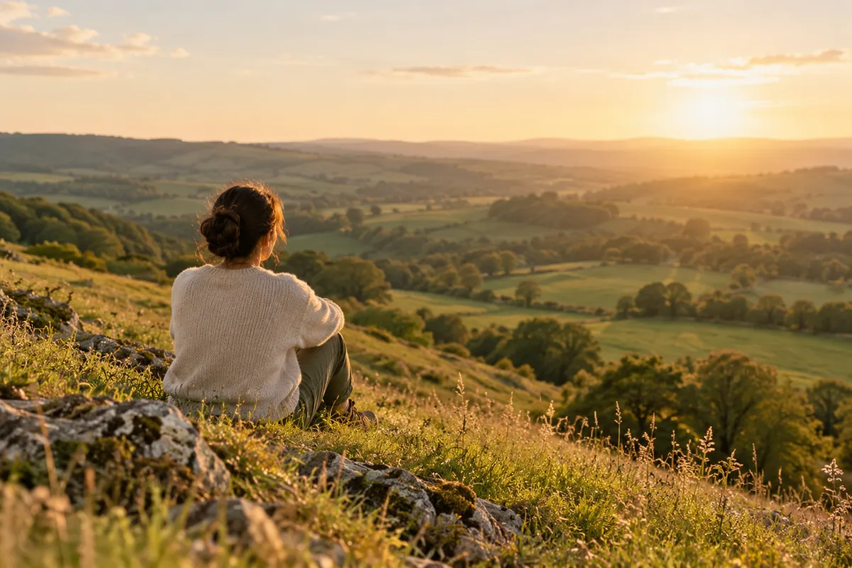Person resting on a hillside overlooking green fields