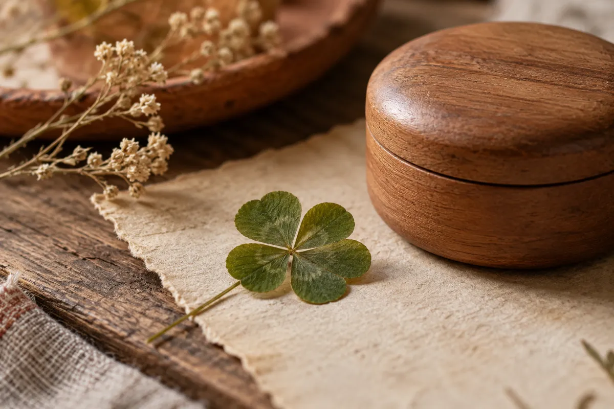 A pressed four-leaf clover rests beside a wooden keepsake.