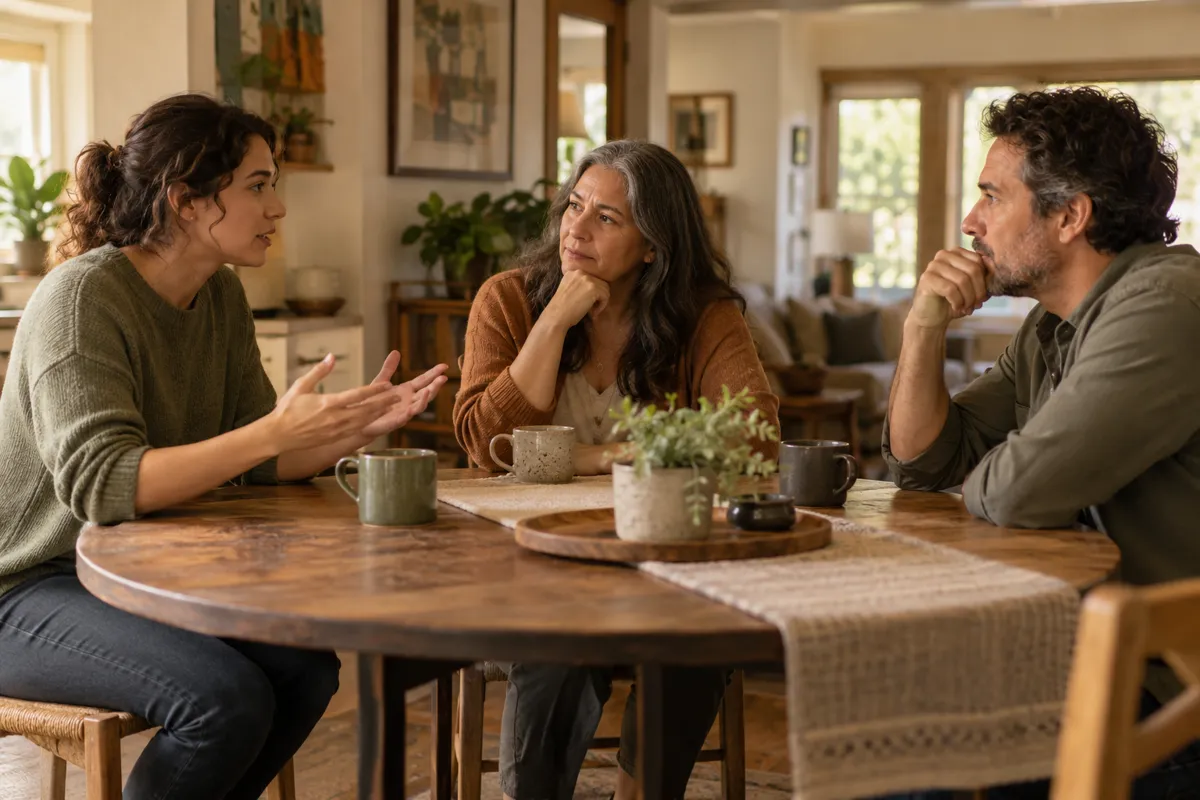 Three adult family members talking around a table