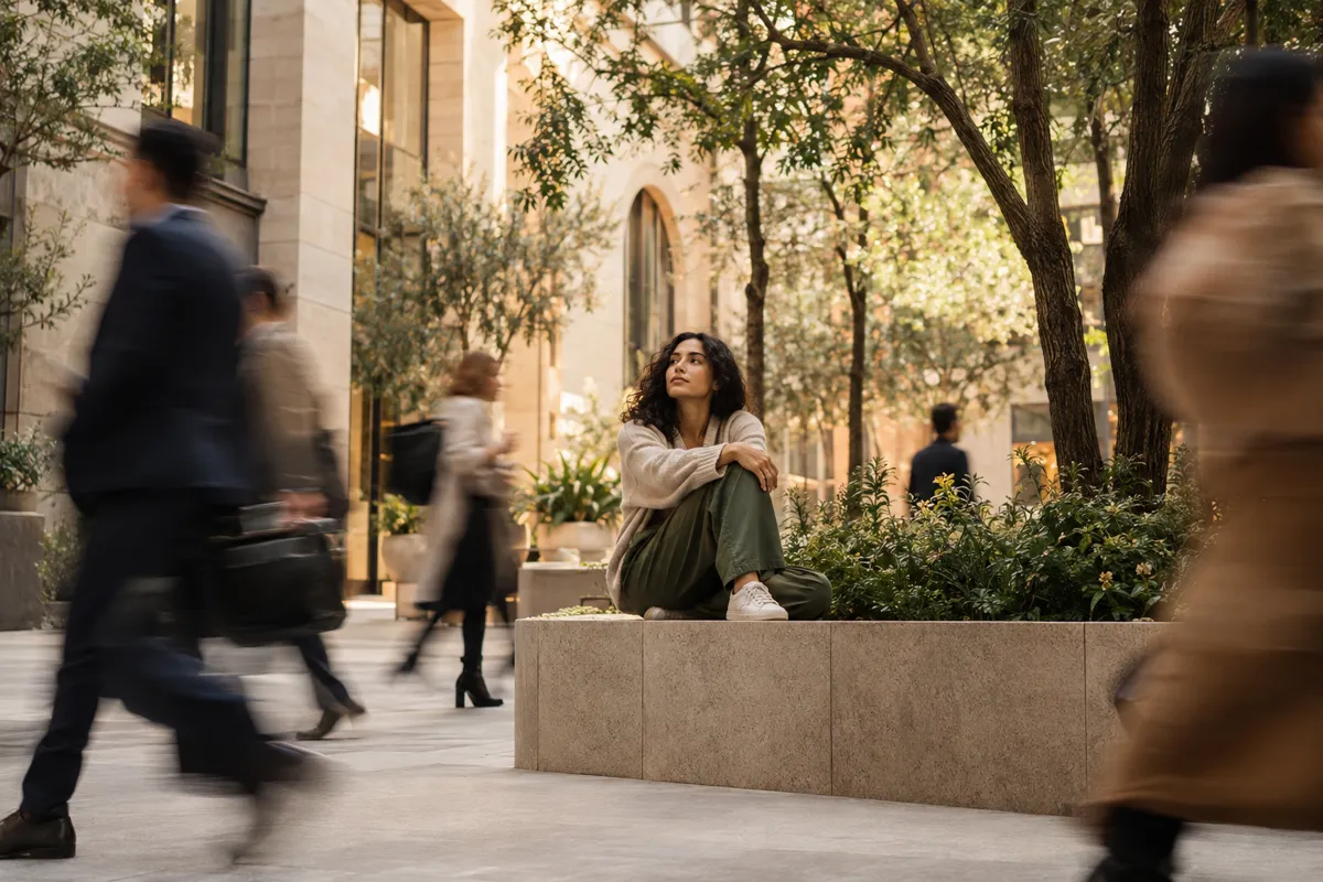 Person taking a quiet pause as commuters pass