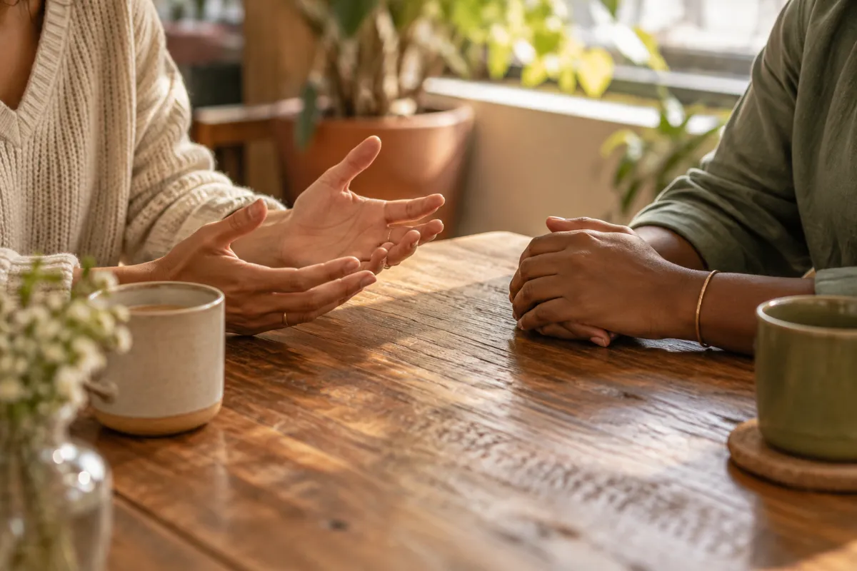 Two pairs of hands over a wooden cafe table, one gesturing softly and the other resting attentively, cooperative communication, cups pushed aside and warm light, no defensive or aggressive gestures