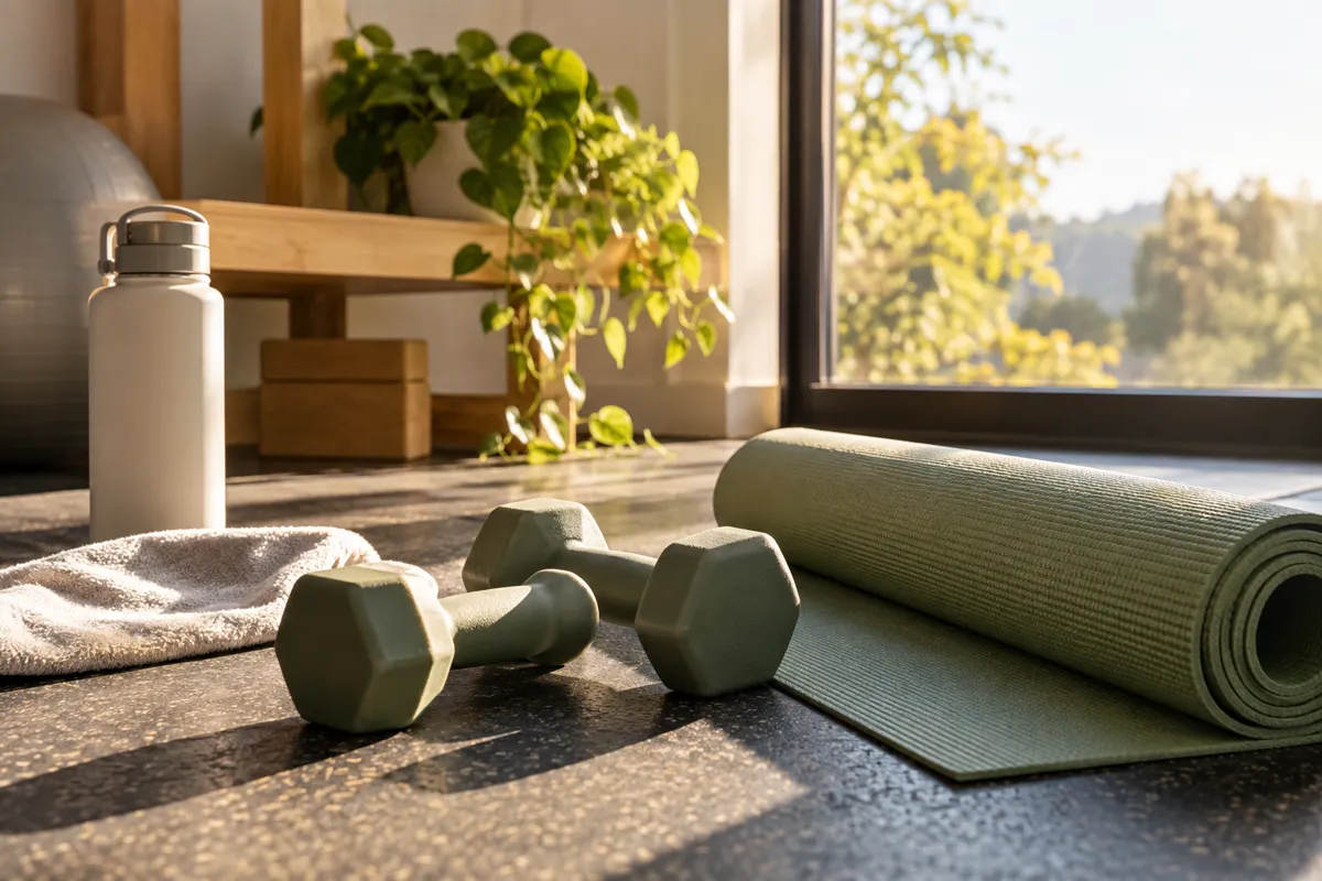 Dumbbells and a rolled exercise mat beside a sunlit window