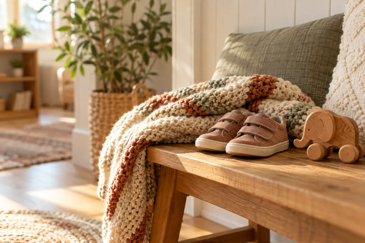 A small child's pair of shoes beside a comforting handmade blanket and simple wooden toy on a sunlit bench in a safe family support room, protective caring context, no child distress or violence