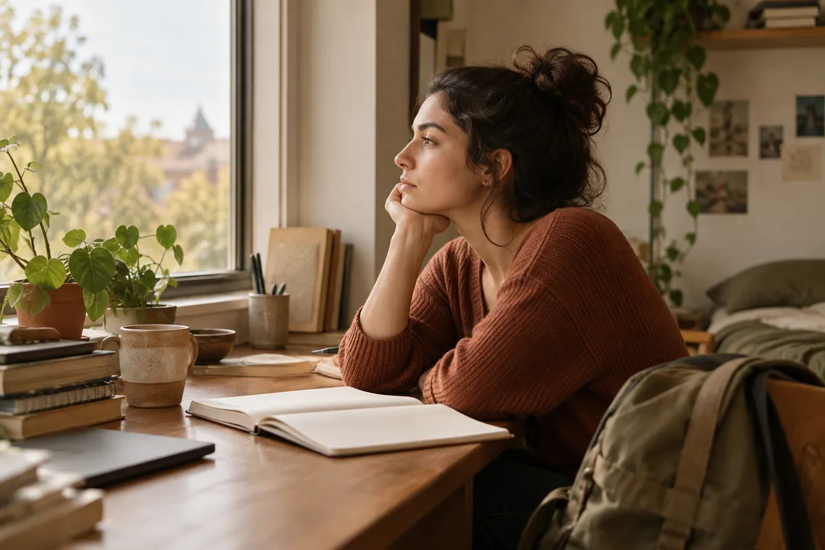 An ordinary university study desk with an open blank notebook, school bag, a window and a single adult student sitting in contemplative side profile, dignified illustration of unseen daily mental health struggles, no compulsive stereotype