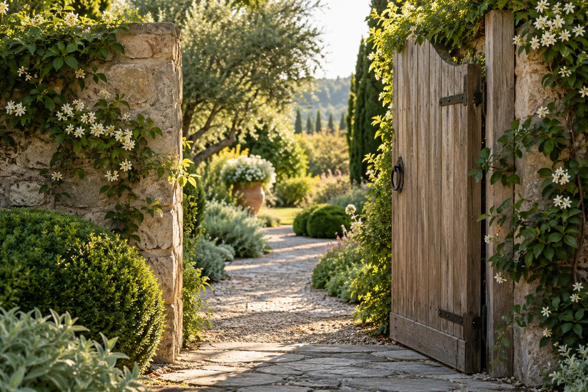 Open wooden gate leading into a green garden