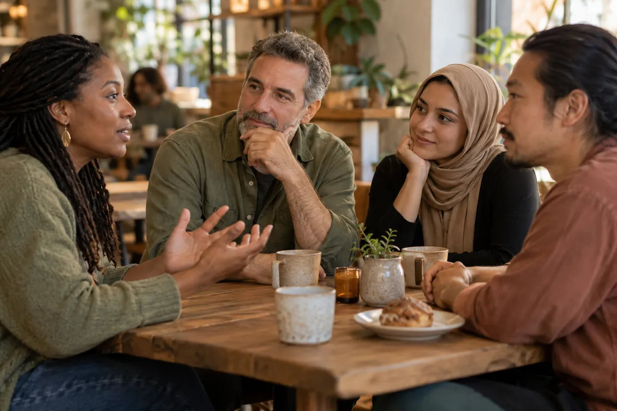 Four adults sharing a thoughtful conversation at a cafe