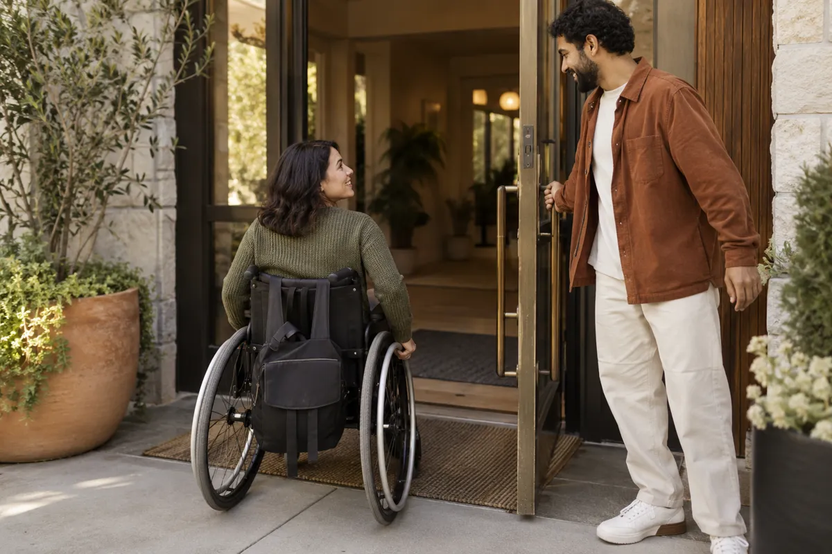 Two adults at an accessible community doorway, one holding the door open as another rolls forward using a wheelchair, natural mutual acknowledgment, candid dignified everyday assistance, no pity