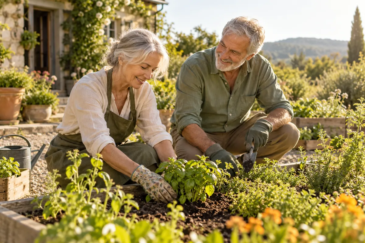 Older couple tending their garden together